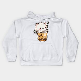 Cute Cat Drinking Bubble Tea Cartoon Boba Drawing Kids Hoodie